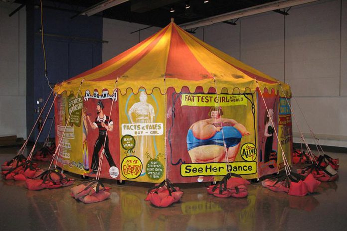 This large circus tent, which will be on display Art Gallery of Peterborough, is Spencer J. Harrison's PhD work. He is Canada's first-ever academic to paint a PhD dissertation. (Photo: Spencer J. Harrison)
