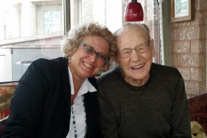 "He's just such a beautiful spirit." Susan Dunkley, Manager of Development and Outreach for the Peterborough Humane Society, with Johnny Bower during the first photo shoot for the Shelter Shots 2018 calendar. Dunkley conceived of the calendar idea and is organizing and promoting it, with the assistance of her husband Darryl (a former NHL scout), photographers like Peter Nguyen who are donating their time, and Jessica Melnik of Impact Communications. (Photo courtesy of Susan Dunkley)