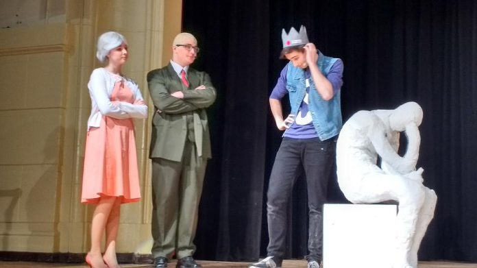 Lindsay Rudkins as Miss Grundy, Robert McEwen as Mr. Weatherbee, and Thomas Bodrug as Jughead. (Photo: Sam Tweedle / kawarthaNOW)