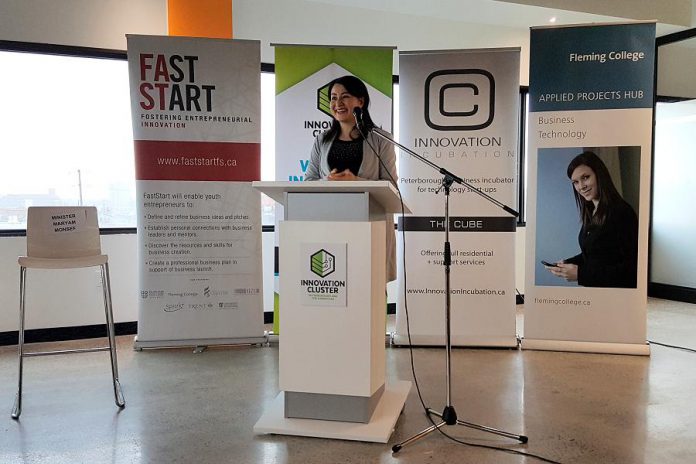 Peterborough-Kawartha MP and Minister of Status of Women Maryam Monsef speaks at the April 19th launch. (Photo: Jeannine Taylor / kawarthaNOW)