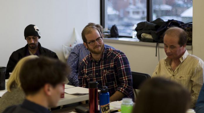 Luke Foster, Andrew Root, and Steven Brak during a cast read-through of Our Town (photo: Lindsay Unterlander / Adam Martignetti)