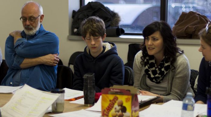 Wyatt Lamoureux, George Knechtel, Megan Murphy, and Linda Kash during a cast read-through of Our Town (photo: Lindsay Unterlander / Adam Martignetti)