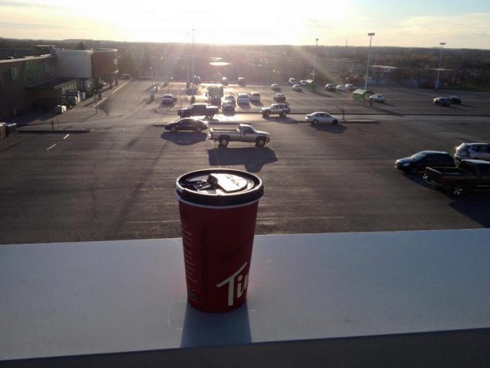 Paul's early morning view from the roof of The Brick, with coffee courtesy of Tim Hortons. 