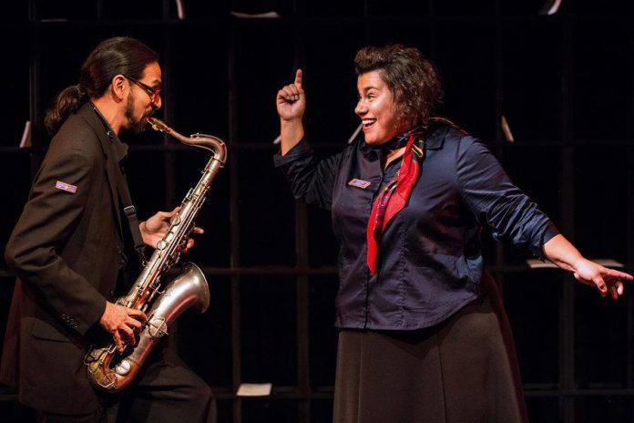 Accompanying Thomson Highway in "Songs in the Key of Cree" are saxophonist Marcus Ali and vocalist Patricia Cano, pictured here in Highway's musical play "The (Post) Mistress". (Publicity photo)