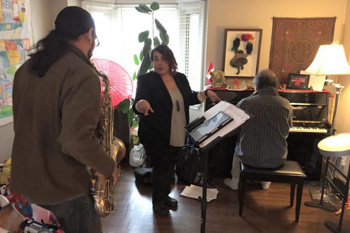 Marcus Ali, Patricia Cano, and Tomson Highway rehearsing "Songs in the Key of Cree". (Photo courtesy of Public Energy)