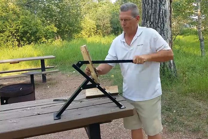 As well as the Wall Mount Kindling Maker, Charles Tyson offers the Portable Kindling Maker. It is designed to sit on a picnic table, but can be set on any flat surface or on the ground right beside your fire. It folds down in just a few seconds to store in your RV or vehicle. (Photo: Charles Tyson)
