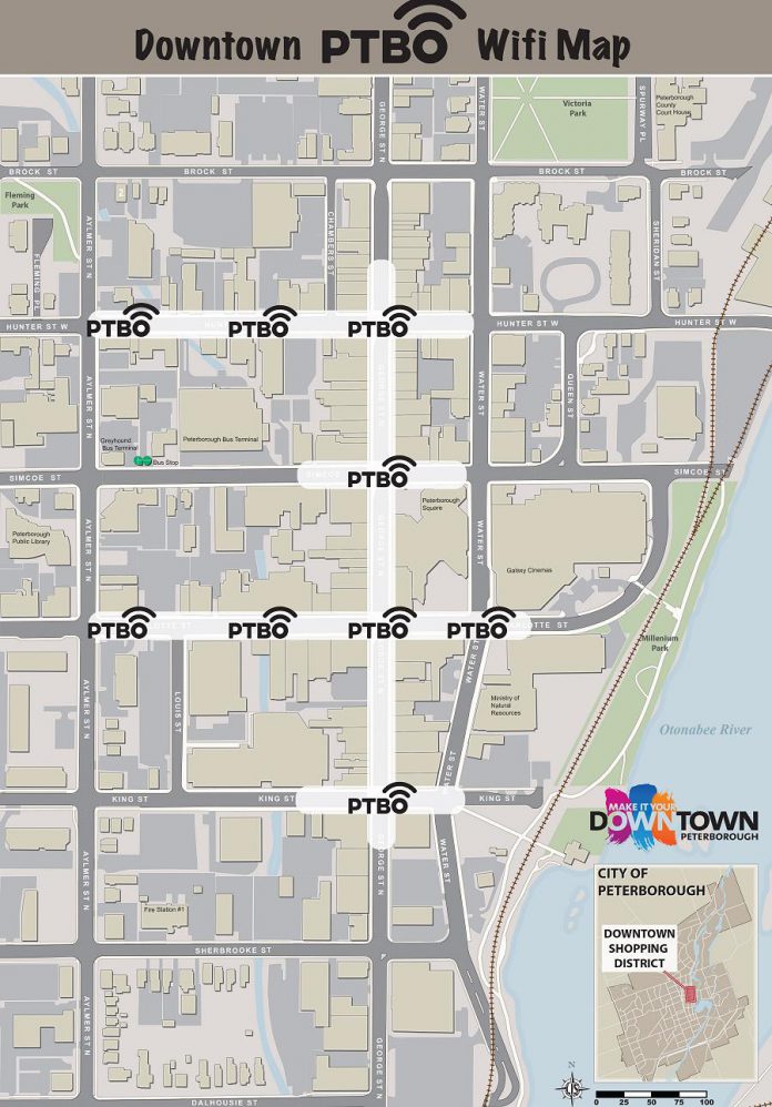 Map of free WiFi coverage in downtown Peterborough. (Graphic: Peterborough DBIA)