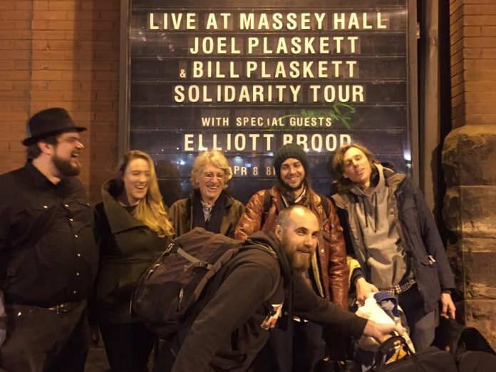 The Plasketts and Mayhemingways in front of Toronto's Massey Hall, where they performed with Elliott Brood on April 8 (photo via Mayhemingways/ Facebook)