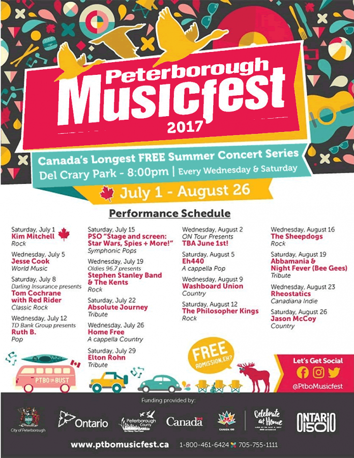 The complete 2017 line-up at Peterborough Musicfest.  The ON Tour act for August 2, part of Ontario 150 celebrations,  will be announced on June 1.