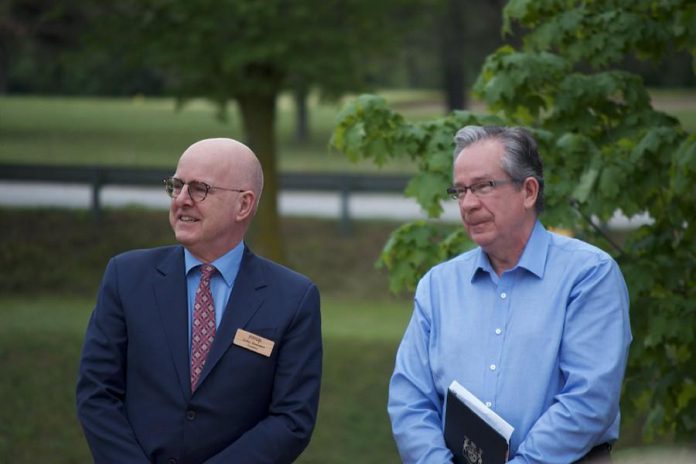 "Today's announcement is pivotal to the redevelopment project," says John Ronson, Board Chair of The Canadian Canoe Museum, pictured here with MPP Jeff Leal on May 26, 2017.  (Photo: The Canadian Canoe Museum)