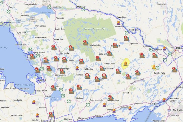 Hydro One's outage map on Friday, May 19th shows locations without power across cottage country. (Map: Hydro One)