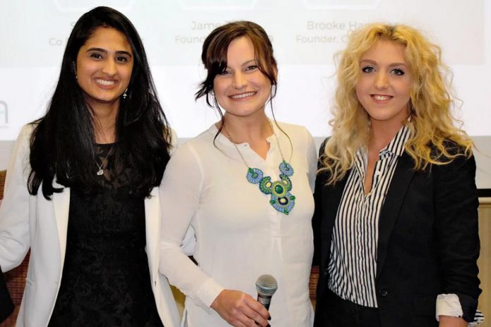 These three top young female entrepreneurs in Peterborough spoke to the sold-out crowd at the May 3rd meeting of the Women's Business Network of Peterborough: Ribbet co-founder Sana Virji, SimbiH2O founder Jane Zima, and Chimp Treats CEO and co-founder  Brooke Hammer. (Photo: Women's Business Network of Peterborough)