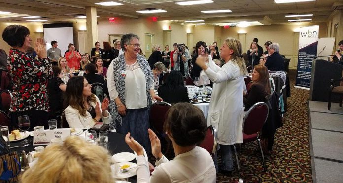 As the May 3rd meeting of Women's Business Network of Peterborough, Thirteen Moons Wellness owner Louise Racine (centre) was voted Member of the Year for the second year in a row. Racine conceived of the idea of a Peterborough's first conference for International Women's Day, which was held on March 8, 2017.  (Photo: Women's Business Network of Peterborough)