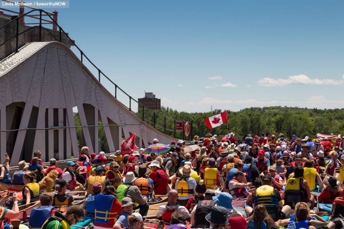 At Lock N' Paddle on June 24, 2017, one of the two chambers of the Peterborough Lift Lock is filled with more than 150 canoes and kayaks in celebration of Canada 150 and National Canoe Day. When both chambers were filled, a record number of 328 paddlecraft were in the Peterborough Lift Lock. (Photo: Linda McIlwain / kawarthaNOW)