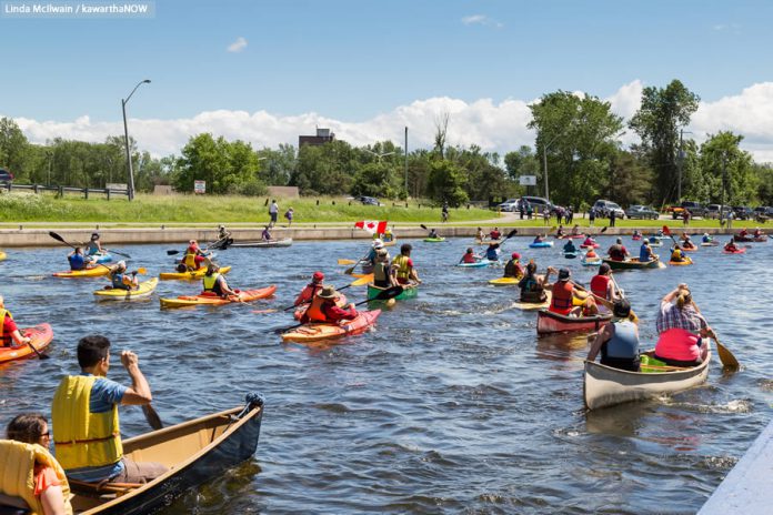 Paddlers heading to the Peterborough Lift Lock to participate in Lock N' Paddle. (Photo: Linda McIlwain / kawarthaNOW)