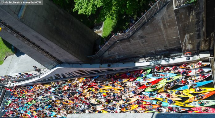 The lower chamber filled with canoes and kayaks. (Photo: Linda McIlwain / kawarthaNOW)