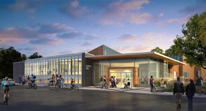 Architect's drawing of the front entrance of the Alymer Street location of the Peterborough Public Library once renovations are completed. Artwork will be installed in the new plaza beside the renovated library at Aylmer and Simcoe Streets. (Graphic: Peterborough Public Library)
