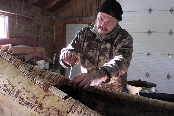 Miawpukek First Nation built the canoe using traditional techniques and materials (including birch bark, red cedar, spruce tree root and gum, and bear fat) over the course of two and a half months by master canoe builder Billy Joe, his son Sylvester Joe, and apprentice canoe-builder Derek Stride. (Photo: Miawpukek First Nation)