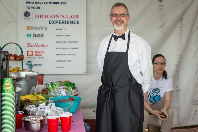 This year's Dragon's Lair for the top fundraising team came with its own butler. (Photo: Linda McIlwain / kawarthaNOW)