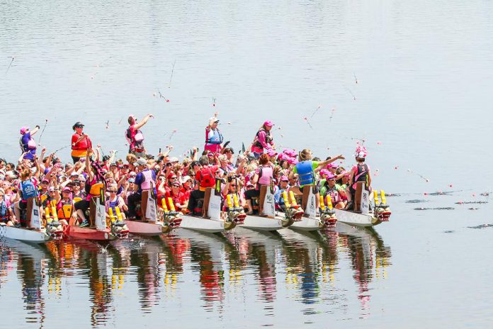 Paddlers at the 2015 Peterborough's Dragon Boat Festival toss their flowers into the water. 