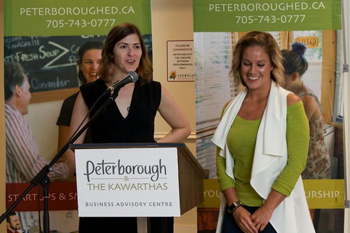Anna Eidt and Erin Watson, owners of Watson & Lou, speak at the Starter Company Plus showcase event on June 7, 2017.  Eidt and Watson also participated in the first Starter Company Plus program intake and secured grant funding. (Photo: Peterborough & the Kawarthas Economic Development)