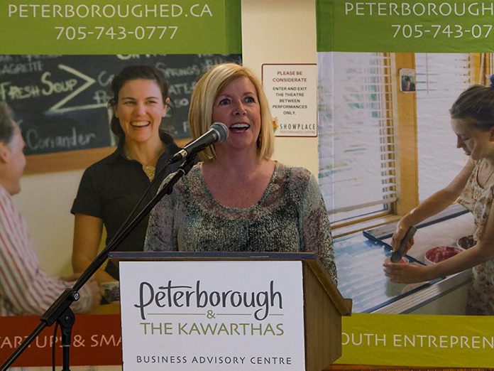 Nancy Nickle, owner of Birchview Design, speaks at the Starter Company Plus showcase event on June 7, 2017. Along with 14 other small business owners, Nickle is a recent participant of the first intake of the program, and she's one of seven participants sharing $26,000 worth of grants offered through the program. (Photo: Peterborough & the Kawarthas Economic Development)