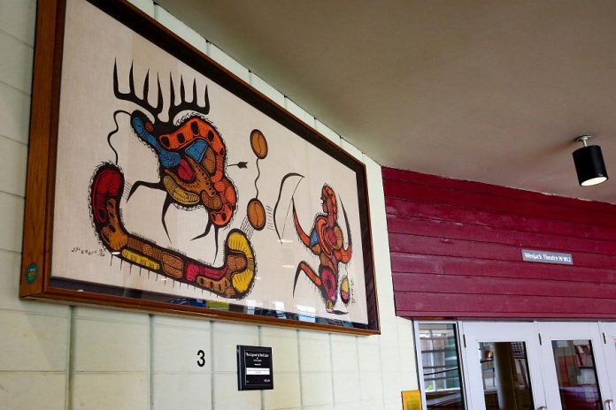 Red Lake tapestry at the entrance to the Chanie Wenjack Theatre, so named in 1973 after a group of student leaders from the Indigenous Studies department lobbied for Otonabee College to do so. (Photo: Trent University)
