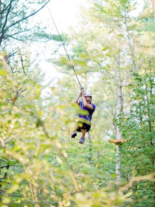 One of the advanced courses, the Flying Falcon, consists of four ziplines and three suspended bridge obstacles crisscrossing the forest. This zipline is the longest at 450 feet long and it takes about 10 seconds to cross the distance.   (Photo: Treetop Trekking Ganaraska)