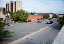 The Louis St. parking lot from the top of the King St. parking garage, looking northwest toward Charlotte and Alymer (photo by Pat Trudeau)