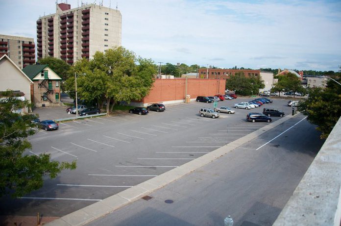 The Louis St. parking lot from the top of the King St. parking garage, looking northwest toward Charlotte and Alymer (photo by Pat Trudeau)