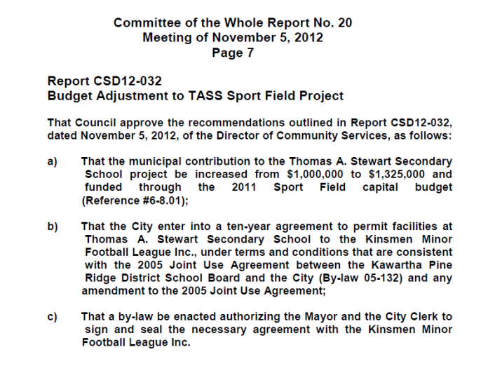 At November 13's meeting, Peterborough City Council approved $1,325,000 in capital spending for the TASSS sport field project