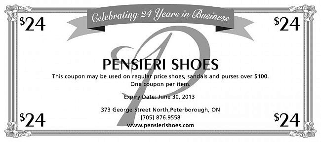 The Pensieri Twenty-Four Dollar Bill can be used on regularly priced shoes, sandals, and purses over $100