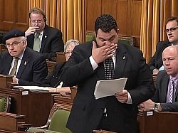 Peterborough MP Dean Del Mastro tears up in the House of Commons on June 13, 2013 as he explains the impact of the election campaign spending allegations on his family