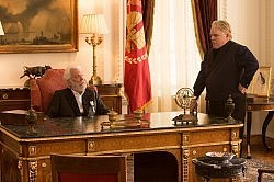 Donald Sutherland as President Snow and Philip Seymour Hoffman as Plutarch Heavensbee 