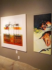 A contrast of styles at Christensen Fine Art. Here's Anne Renouf's "Among the Stillness of Land" alongside Esther Simmons-McAdam's "Scribe 2".