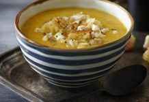 Roasted Root Vegetable Soup with Goat Cheese and Walnut Pesto (photo: Loblaw)