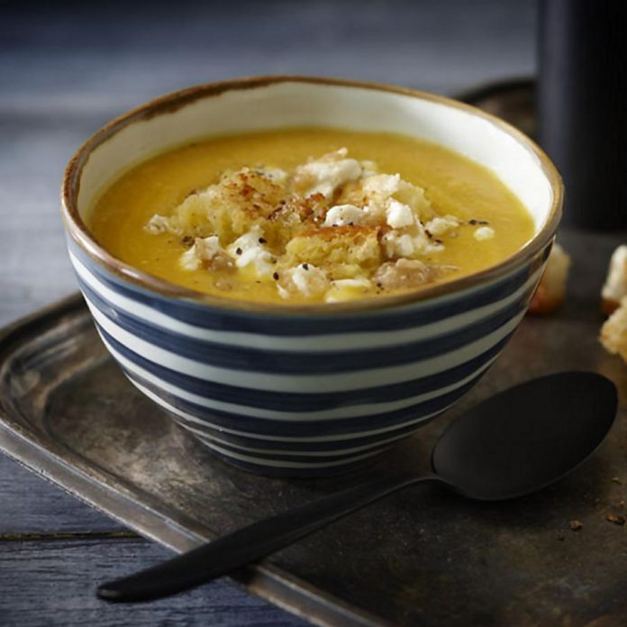 Roasted Root Vegetable Soup with Goat Cheese and Walnut Pesto (photo: Loblaw)
