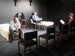 Actors Brad Brackenridge and Dan Fewings, along with director Kate Story, during rehearsal (photo: The Theatre on King)