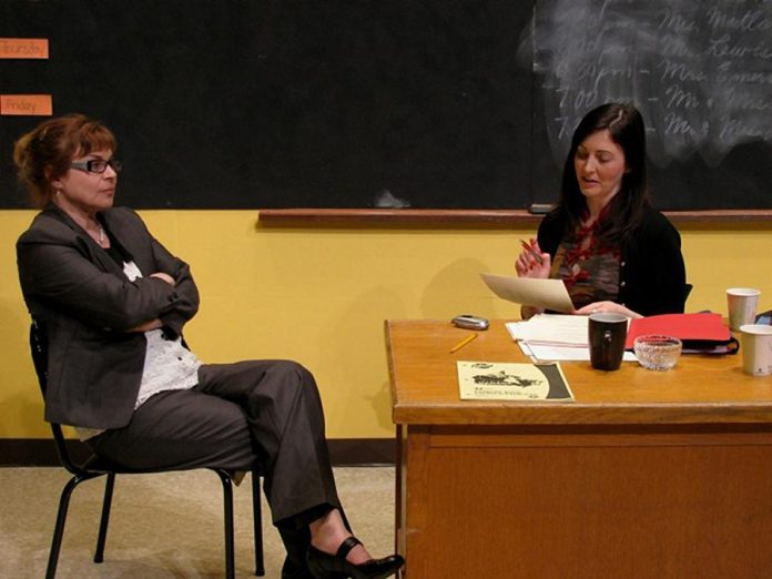 Linda Kash as parent Marion and Megan Murphy as teacher Teresa in the New Stages production of "Between the Sheets" at the Market Hall in Peterborough (photo: Pat Maitland)