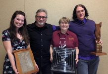 Alex Saul, Jerry Allen, producer Jill Adams, and Scott Drummond at the Eastern Ontario Drama League's 2014 Awards Banquet in Wellington on April 6, 2014