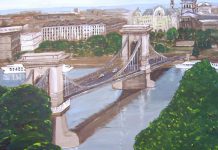 "Budapest Chain Bridge". The level of mastery in conveying perspective Dianne Latchford has already reached is striking. See her exhibit at Black Honey in Peterborough from May 12 - June 30.