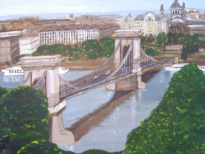 "Budapest Chain Bridge". The level of mastery in conveying perspective Dianne Latchford has already reached is striking. See her exhibit at Black Honey in Peterborough from May 12 - June 30.