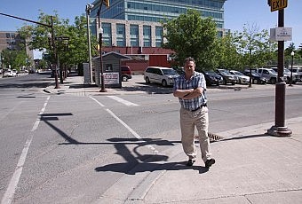 Peterborough DBIA executive director Terry Guiel at the corner of King and Water Street in downtown Peterborough, one of the areas originally considered for the new location of the Canadian Canoe Museum (photo: Jeannine Taylor)