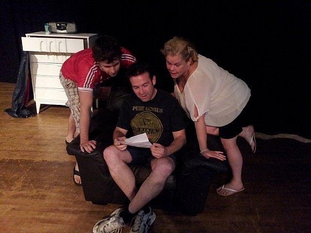 Tim Ziegler as David, Allan James Cooke as Murray, and Sarah Quick as Joanna in Globus Theatre’s production of <em>Do You Take This Man?</em> (photo: Sam Tweedle)