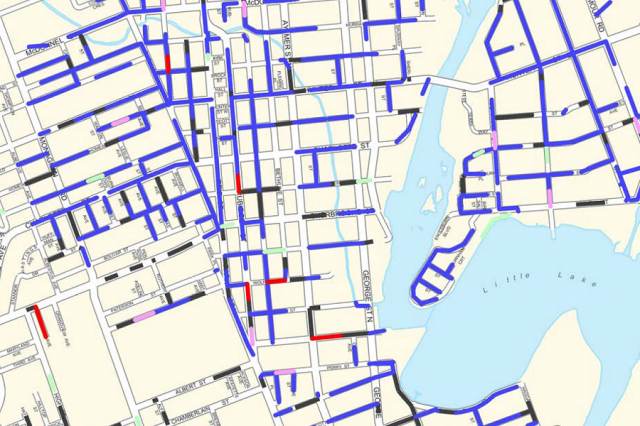 Some of the work done in downtown Peterborough in 2008 to rehabilitate sanitary sewers (blue indicates flushing, cleaning and inspection; red indicates spot repair; black indicates improvements made in 2007)