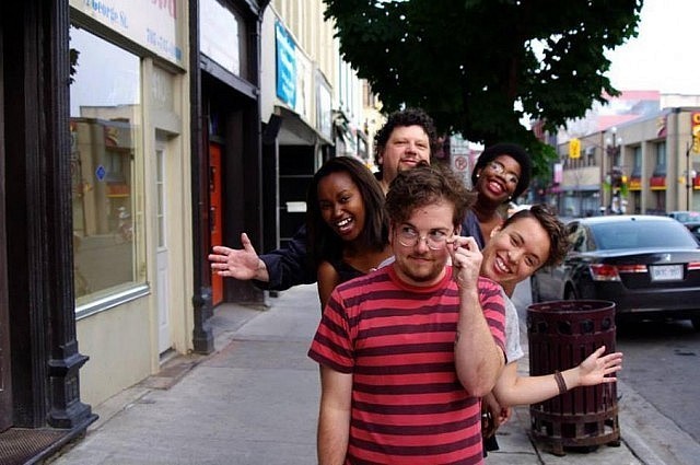 Peterborough Poetry Slam Team 2014 members Charles Linen, Sasha Patterson, Beth Lexah, Rick Webster, and Xandra Leigh taking their style and verve out onto the street (photo: Wes Ryan)