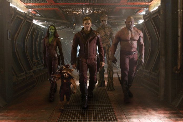 Gamora (Zoe Saldana), Rocket Raccoon (voiced by Bradley Cooper), Peter Quill (Chris Pratt), Groot (voiced by Vin Diesel), and Drax (Dave Bautista) in Marvel's Guardians of the Galaxy