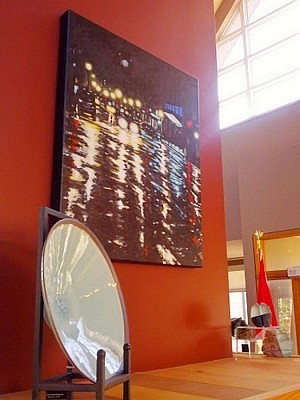 A celadon blue bowl from Bill Reddick, "Blue George" by Rob Niezen, and "Stones" by Christy Haldane, on display at the Visitor Centre