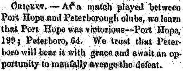 From Peterboriana: August 1866 was not a good month for the Peterborough Cricket Club. (from the Peterborough Examiner, August 16th, 1866)
