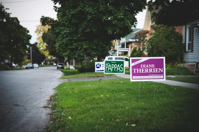 Municipal election candidate signs are populating Peterborough neighbourhood lawns. Pat is disturbed by the divisive "-isms" he's seeing from various quarters during the election campaign. (Photo: Pat Trudeau).